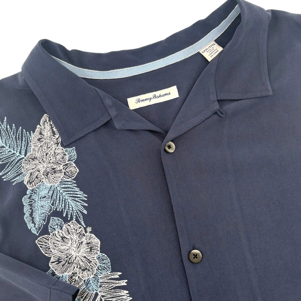 Tommy Bahama Men XXXL Navy Blue 100% Silk Floral Embroidered Camp Shirt